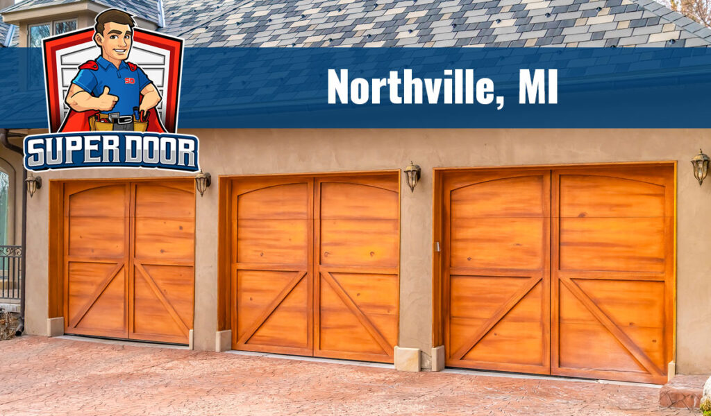 Northville Mi home with newly serviced wooden garage doors by super door team